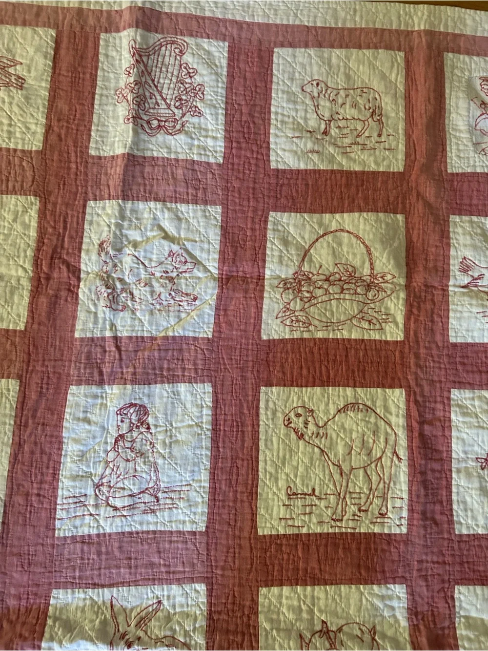 Vintage/ Antique Hand-Quilted Redwork Patchwork Quilt - Red and Cream
